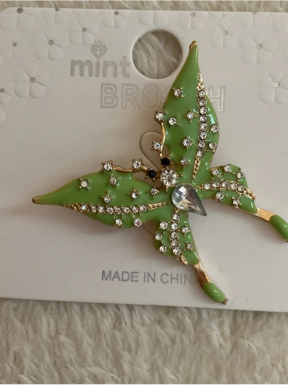 Mint Green Crystal Enamel Butterfly Brooch